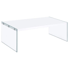 Elevate your living room with this ultra-modern rectangular coffee table, designed to blend sleek aesthetics with functionality. The engineered wood top showcases a white high-gloss finish, delivering a clean, contemporary vibe. Clear tempered glass side 