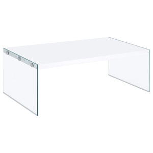 Elevate your living room with this ultra-modern rectangular coffee table, designed to blend sleek aesthetics with functionality. The engineered wood top showcases a white high-gloss finish, delivering a clean, contemporary vibe. Clear tempered glass side 