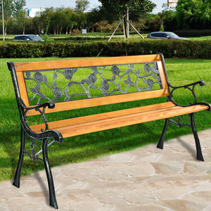 It consists of well-painted iron cast structure  solid wood seat and backrest frame  and PVC backrest pattern. <br>It comes with a size of 49.5" x 20.5" x 29" and features a strong load-bearing capacity of up to 463 lbs. <br>It's able to comfortably seat 
