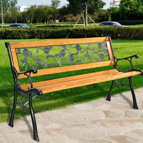 It consists of well-painted iron cast structure  solid wood seat and backrest frame  and PVC backrest pattern. <br>It comes with a size of 49.5" x 20.5" x 29" and features a strong load-bearing capacity of up to 463 lbs. <br>It's able to comfortably seat 