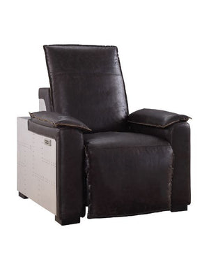 A perfect mixture of industrial style and comfort. The Nernoss Power Motion Recliner is accented by dark grain brown leather and aluminum patchwork for a complete industrial look. It features tight seat and back cushions and offers a full foam seat with p