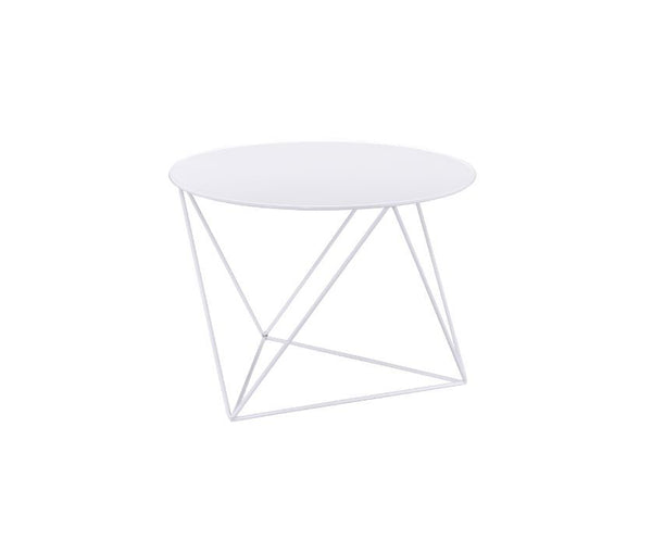 Bring dimension, depth and distinctive visual appeal with this modern geometric design. The accent table boasts a cool and fun look. Round table top paired with irregular metal base adds a uniquely attractive contrast to this table. It-'s powder coating p