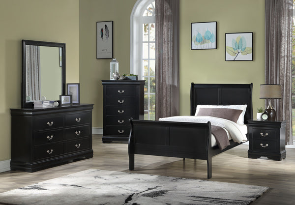 Elevate your sanctuary with this timeless bedroom collection that exudes classic charm with a modern twist. Each piece is bathed in a sharp, black finish that brings a rich and elegant feel to any space. The bed anchors the room with its gracefully curved