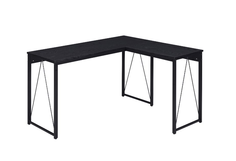 Add a mixed elelments appeal to your office with this rustic industrial design. The Zetri Desk boasts a L-shaped top with a open sled base for a spacious workspace. The black metal frame keeps silhouettes neat,with reverse -"V-" shaped support for extra s