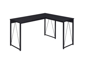 Add a mixed elelments appeal to your office with this rustic industrial design. The Zetri Desk boasts a L-shaped top with a open sled base for a spacious workspace. The black metal frame keeps silhouettes neat,with reverse -"V-" shaped support for extra s