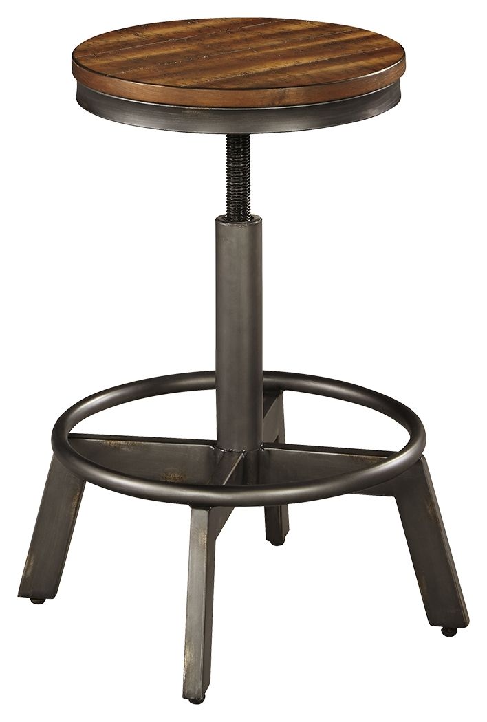 Make your home the hub for cool vibes with this stool. Two-tone finish scheme of distressed warm brown and aged gunmetal is full of urban industrial swagger. Adjustable height is accommodating for you and your guests. Add it behind your sofa with a long c