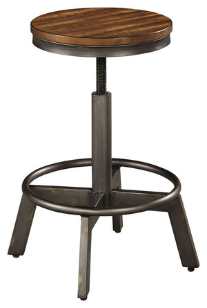 Make your home the hub for cool vibes with this stool. Two-tone finish scheme of distressed warm brown and aged gunmetal is full of urban industrial swagger. Adjustable height is accommodating for you and your guests. Add it behind your sofa with a long c