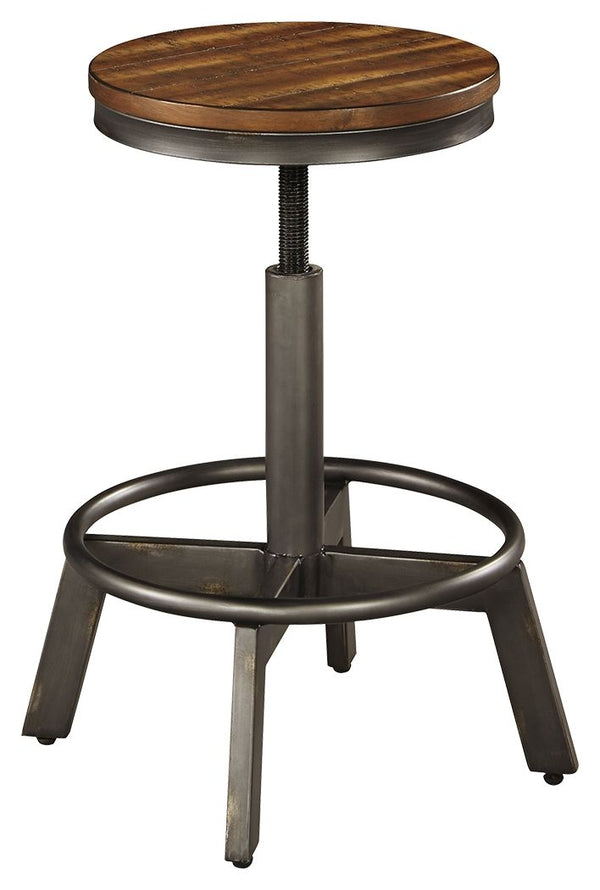 Make your home the hub for cool vibes with this stool. Two-tone finish scheme of distressed warm brown and aged gunmetal is full of urban industrial swagger. Adjustable height is accommodating for you and your guests. Add it behind your sofa with a long c