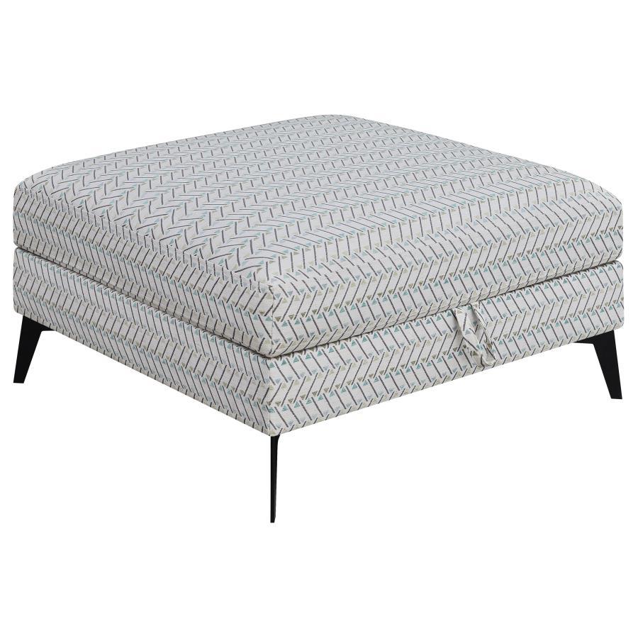 Function and fashion mix with a delightful result in this modern storage ottoman. Brighten a sofa set or sectional with a square ottoman adding plenty of surface and storage space. Covered in fabric with a compelling geometric design, its gray-centered pa