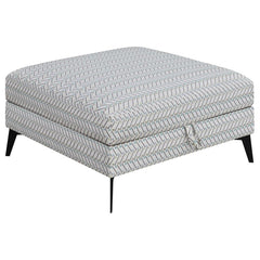 Function and fashion mix with a delightful result in this modern storage ottoman. Brighten a sofa set or sectional with a square ottoman adding plenty of surface and storage space. Covered in fabric with a compelling geometric design, its gray-centered pa