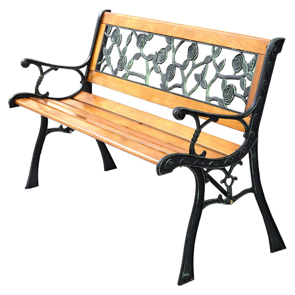 It consists of well-painted iron cast structure  solid wood seat and backrest frame  and PVC backrest pattern. <br>It comes with a size of 49.5" x 20.5" x 29" and features a strong load-bearing capacity of up to 463 lbs. <br>It's able to comfortably seat 