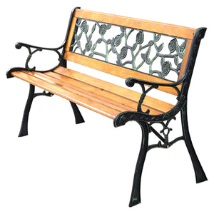 It consists of well-painted iron cast structure  solid wood seat and backrest frame  and PVC backrest pattern. <br>It comes with a size of 49.5" x 20.5" x 29" and features a strong load-bearing capacity of up to 463 lbs. <br>It's able to comfortably seat 
