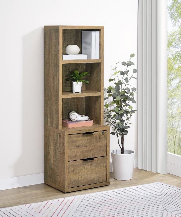 Enhance your home organization with this multifunctional bookcase, featuring a wood-inspired finish. Equipped with three open shelves and two drawers, it offers a mix of display and hidden storage options. The top drawer includes a secure locking mechanis