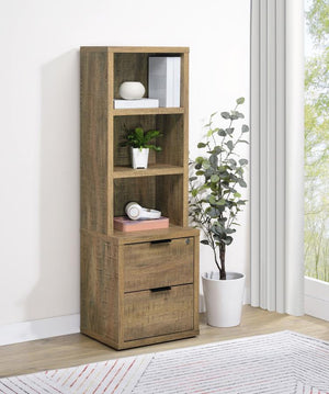  featuring a wood-inspired finish. Equipped with three open shelves and two drawers