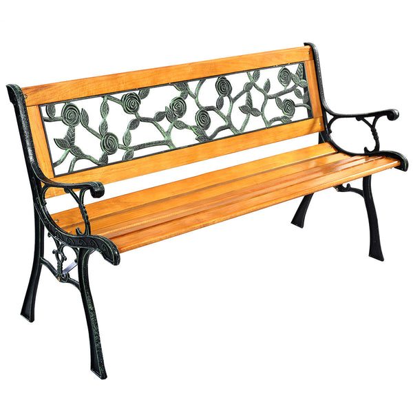 It consists of well-painted iron cast structure  solid wood seat and backrest frame  and PVC backrest pattern. <br>It comes with a size of 49.5" x 20.5" x 29" and features a strong load-bearing capacity of up to 463 lbs. <br>It's able to comfortably seat 