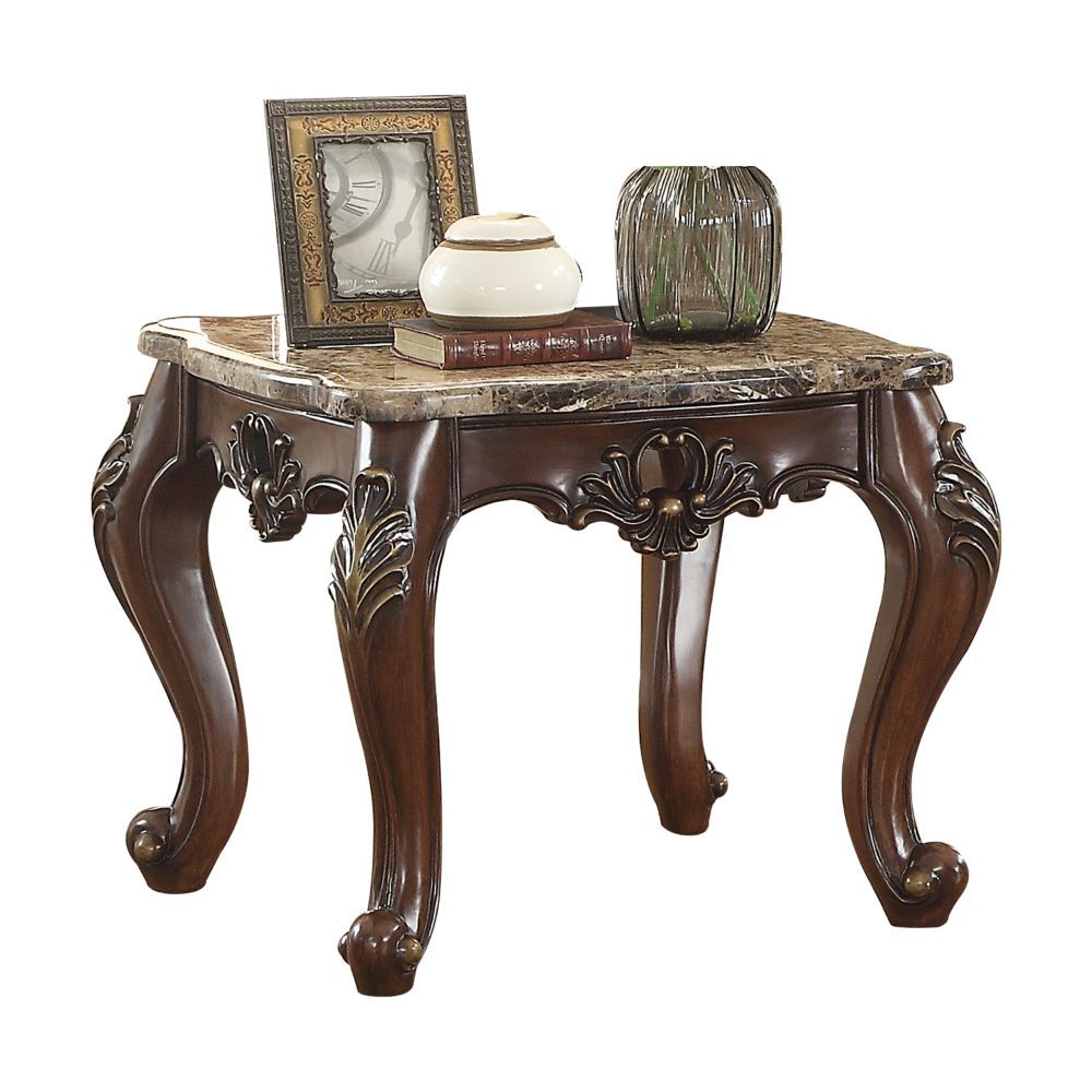 KD, Square Leg End Table â€¢ No Storage (Open Base) â€¢ Scalloped Marble Top: Turkey Import Marble with MDF, 35mm â€¢ Wooden Scalloped Apron with Carved Floral Motifs: Contrast Gold-Brush Accent, Poplar Wood â€¢ Wooden Queen Anne Legs: Contrast Gold-Brush