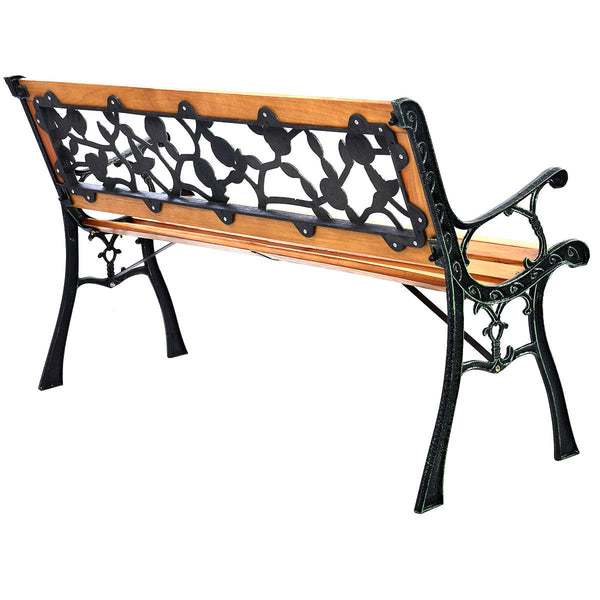 It consists of well-painted iron cast structure  solid wood seat and backrest frame  and PVC backrest pattern. <br>It comes with a size of 49.5" x 20.5" x 29" and features a strong load-bearing capacity of up to 463 lbs. <br>It's able to comfortably seat 