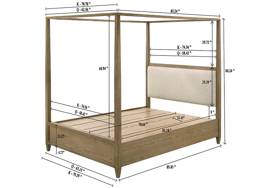 This bedroom set is a harmonious blend of rustic charm and modern simplicity, ideal for creating an inviting and warm atmosphere. The set features a stunning canopy bed as its centerpiece, which boasts a clean-lined frame and a natural wood finish that ex
