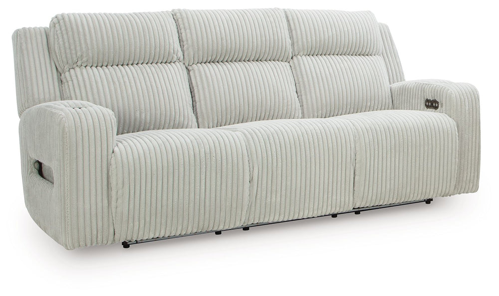 Trend-right style, meet irresistible modern function. Your living room gets a cozy-cool upgrade with this power reclining sofa. Curl up in its ultra-chic corded upholstery and recline with one-touch controls. Is it movie night or game time? With ambient L