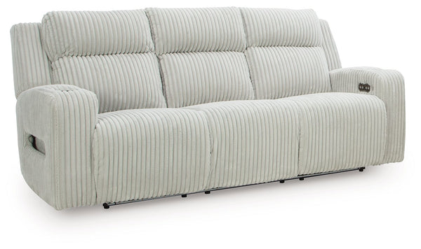Trend-right style, meet irresistible modern function. Your living room gets a cozy-cool upgrade with this power reclining sofa. Curl up in its ultra-chic corded upholstery and recline with one-touch controls. Is it movie night or game time? With ambient L