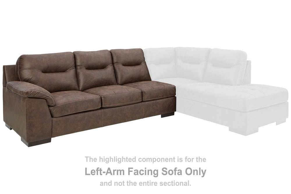 This left-arm facing sofa is made with faux leather upholstery. Pairs with other items in the series to make a sectional.<br><br><b>Additional Dimensions</b><br><ul><li>Arm height: 25-"</li><li>Seat depth: 22-"</li><li>Seat height: 19-"</li><li>Top of cus