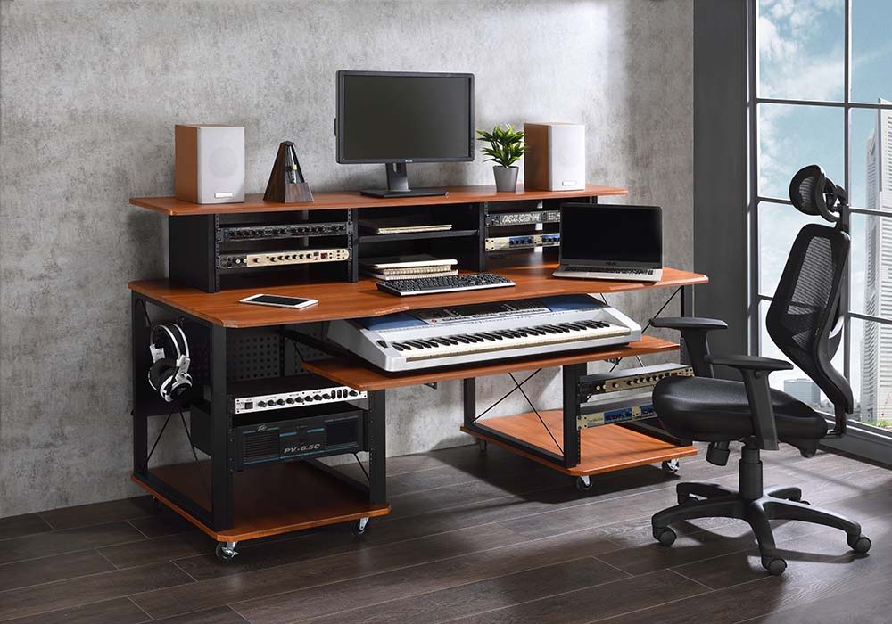 Bigger and better than ever, the Megara music desk is a great option for aspiring artists or producers. It offers plenty of mounting rack space for a lot of musical equipment. It features a pull-out keyboard tray and a smaller pull-out tray on the hutch f