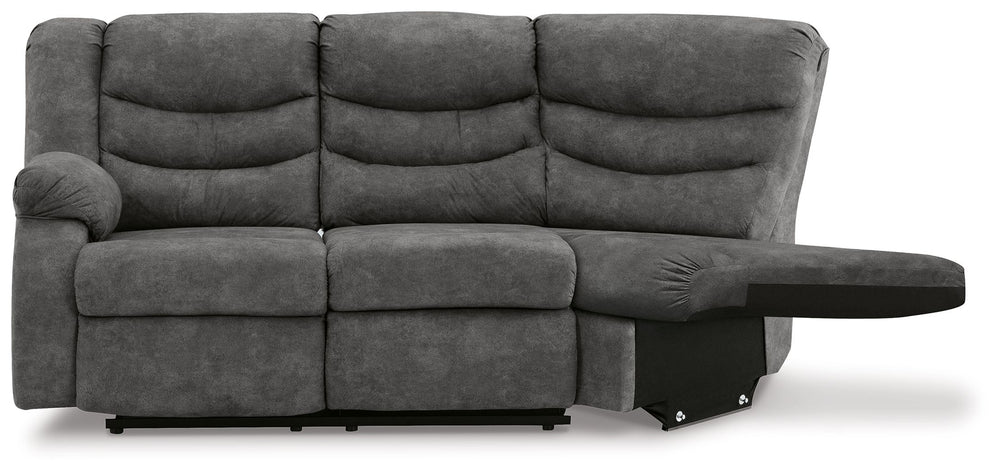 This left-arm facing reclining loveseat with half wedge is made with faux leather upholstery. Pairs with other items in the series to make a sectional.<br><br><b>Additional Dimensions</b><br><ul><li>Arm height: 26-"</li><li>Seat depth: 22-"</li><li>Seat h