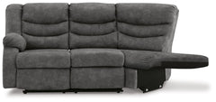 This left-arm facing reclining loveseat with half wedge is made with faux leather upholstery. Pairs with other items in the series to make a sectional.<br><br><b>Additional Dimensions</b><br><ul><li>Arm height: 26-"</li><li>Seat depth: 22-"</li><li>Seat h