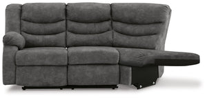 This left-arm facing reclining loveseat with half wedge is made with faux leather upholstery. Pairs with other items in the series to make a sectional.<br><br><b>Additional Dimensions</b><br><ul><li>Arm height: 26-"</li><li>Seat depth: 22-"</li><li>Seat h