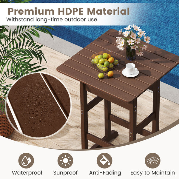 Made of weatherproof HDPE for long-time use<br>Stainless steel screws withstand extended use<br>Reinforced crossbars for strengthened structure<br>30" x 30" spacious tabletop offers ample space for food and drinks<br>Slatted design for simple maintenance 