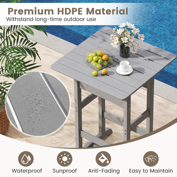 Made of weatherproof HDPE for long-time use<br>Stainless steel screws withstand extended use<br>Reinforced crossbars for strengthened structure<br>30" x 30" spacious tabletop offers ample space for food and drinks<br>Slatted design for simple maintenance 