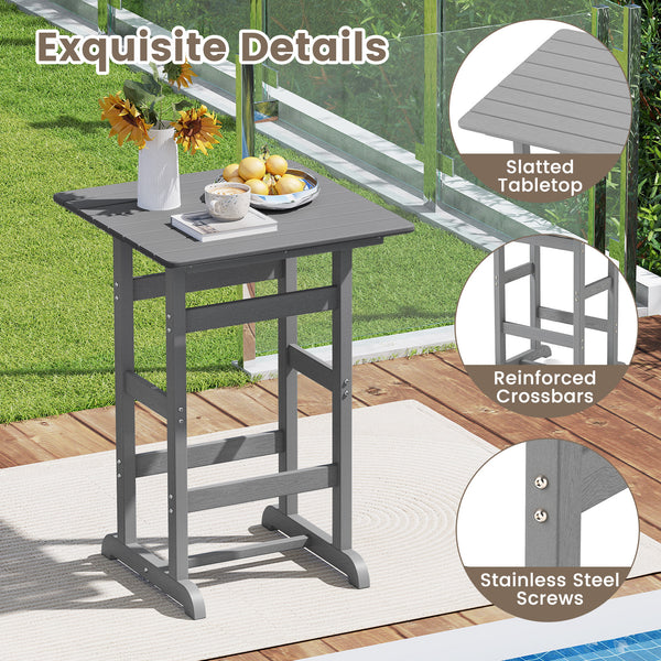 Made of weatherproof HDPE for long-time use<br>Stainless steel screws withstand extended use<br>Reinforced crossbars for strengthened structure<br>30" x 30" spacious tabletop offers ample space for food and drinks<br>Slatted design for simple maintenance 