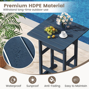 Made of weatherproof HDPE for long-time use<br>Stainless steel screws withstand extended use<br>Reinforced crossbars for strengthened structure<br>30" x 30" spacious tabletop offers ample space for food and drinks<br>Slatted design for simple maintenance 