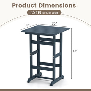 Made of weatherproof HDPE for long-time use<br>Stainless steel screws withstand extended use<br>Reinforced crossbars for strengthened structure<br>30" x 30" spacious tabletop offers ample space for food and drinks<br>Slatted design for simple maintenance 