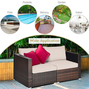 Power coated and solid steel frame adds sturdiness and durability<br>Tight and hand-woven rattan to withstand change of weather<br>2 of the corner sofas can be used separately<br>Aluminum foot pads protect bottom rattan from scratching<br>Wide armrest for