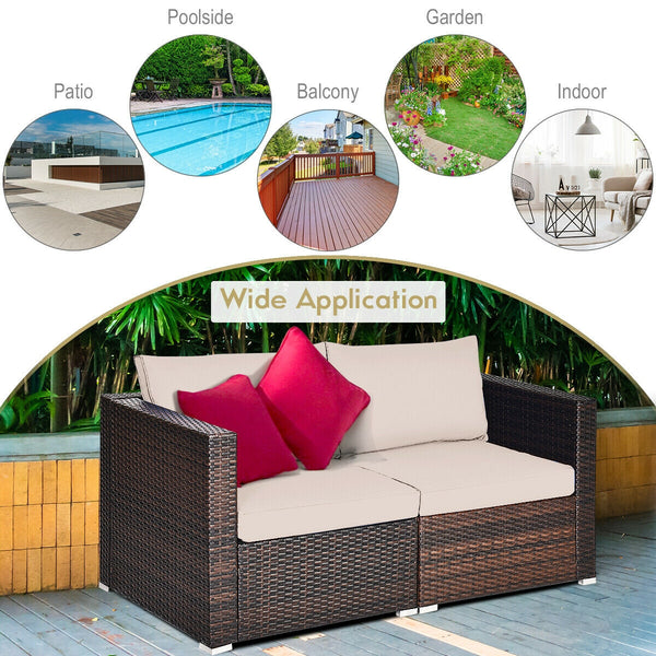 Power coated and solid steel frame adds sturdiness and durability<br>Tight and hand-woven rattan to withstand change of weather<br>2 of the corner sofas can be used separately<br>Aluminum foot pads protect bottom rattan from scratching<br>Wide armrest for