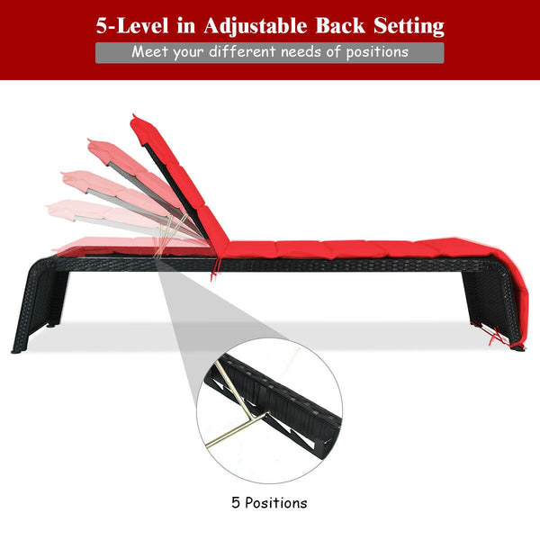 Tightly hand-woven rattan can withstand the moderate change in weather <br>The heavy-duty steel frame ensures the sturdiness of the chaise lounge <br>Adjustable backboard with five different positions <br>Soft and thick cushion for comfortable seating <br