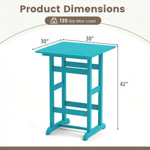 Made of weatherproof HDPE for long-time use<br>Stainless steel screws withstand extended use<br>Reinforced crossbars for strengthened structure<br>30" x 30" spacious tabletop offers ample space for food and drinks<br>Slatted design for simple maintenance 