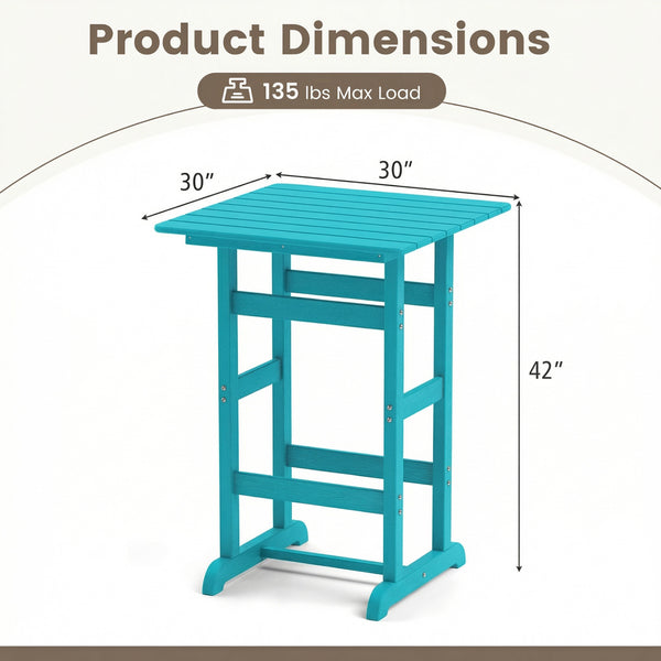 Made of weatherproof HDPE for long-time use<br>Stainless steel screws withstand extended use<br>Reinforced crossbars for strengthened structure<br>30" x 30" spacious tabletop offers ample space for food and drinks<br>Slatted design for simple maintenance 