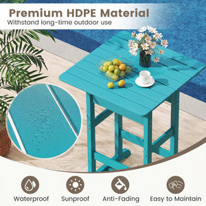 Made of weatherproof HDPE for long-time use<br>Stainless steel screws withstand extended use<br>Reinforced crossbars for strengthened structure<br>30" x 30" spacious tabletop offers ample space for food and drinks<br>Slatted design for simple maintenance 