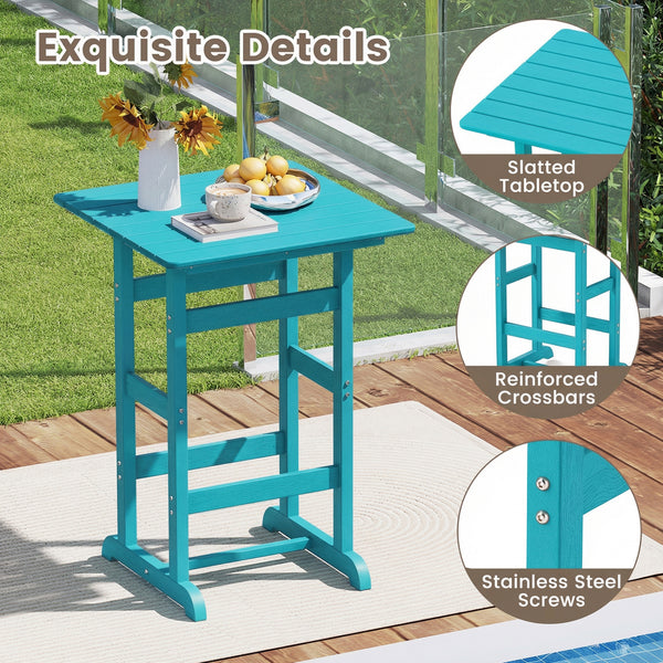 Made of weatherproof HDPE for long-time use<br>Stainless steel screws withstand extended use<br>Reinforced crossbars for strengthened structure<br>30" x 30" spacious tabletop offers ample space for food and drinks<br>Slatted design for simple maintenance 