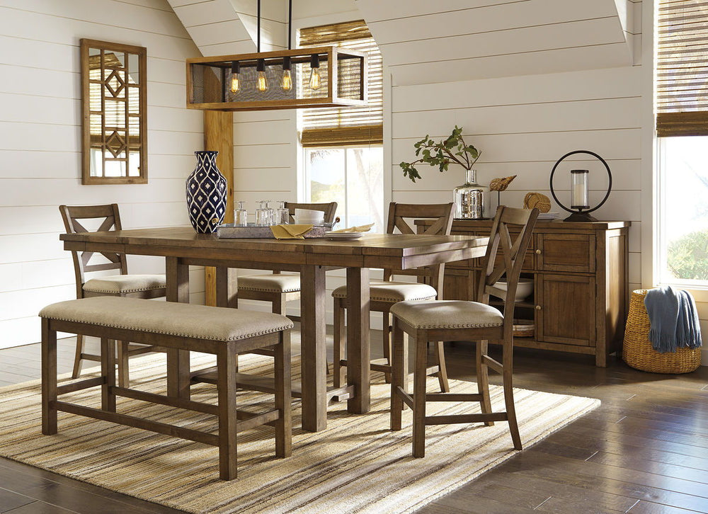 Made with Rubberwood solids and Acacia veneers. Casual rustic design with planked effect on table top. Table extends to fit 8 with two end leaves. Alternate seating available with the cushioned bench. Matching server offers plenty of storage options. Coll