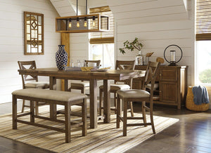 Made with Rubberwood solids and Acacia veneers. Casual rustic design with planked effect on table top. Table extends to fit 8 with two end leaves. Alternate seating available with the cushioned bench. Matching server offers plenty of storage options. Coll