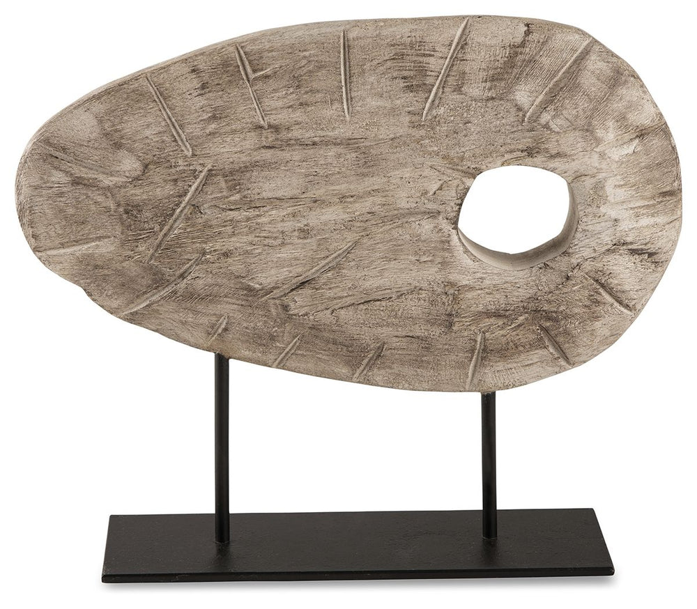 Elegantly adorn your bookshelf, mantel or dining table with this sculpture. Wood in an antiqued white finish is brimming with natural beauty and adds warmth to your space. A sleekly styled black metal base grounds the piece.<br/><br/><b>Product Features</