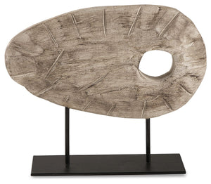 Elegantly adorn your bookshelf, mantel or dining table with this sculpture. Wood in an antiqued white finish is brimming with natural beauty and adds warmth to your space. A sleekly styled black metal base grounds the piece.<br/><br/><b>Product Features</