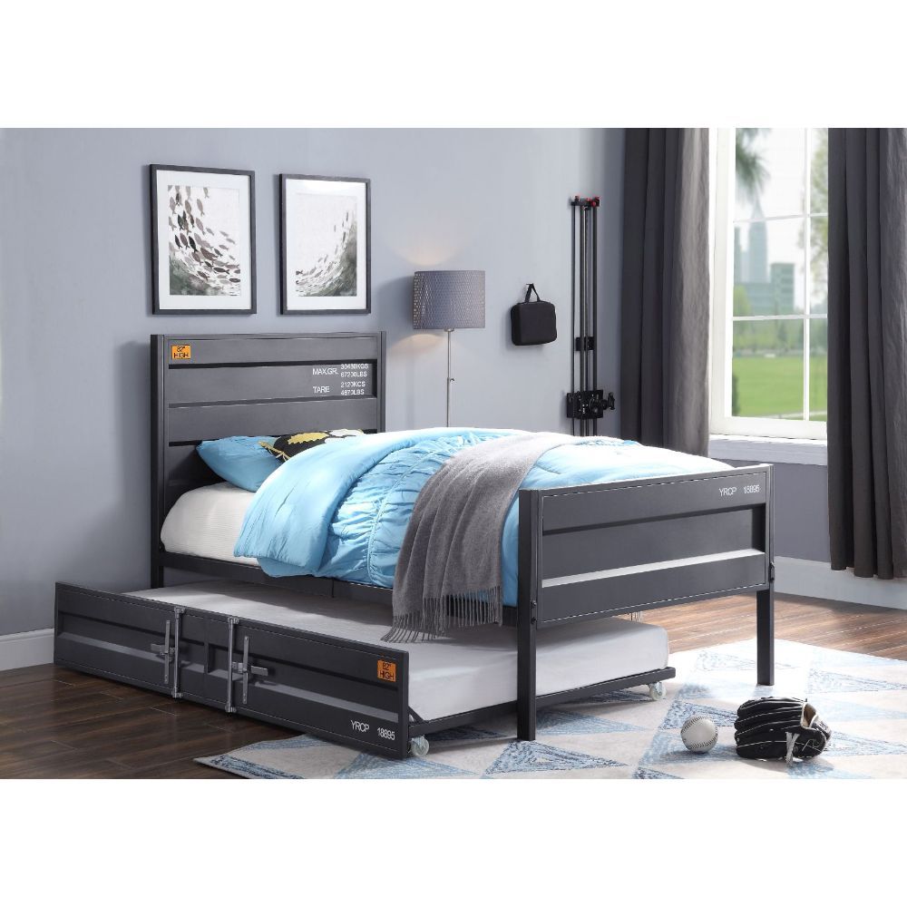 The Cargo youth bed is the perfect addition to any childâ€™s room. This contemporary container themed metal bed features a panel headboard with low profile footboard, crafted with an industrial look that is an perfect match for your bedroom. The bed is ac