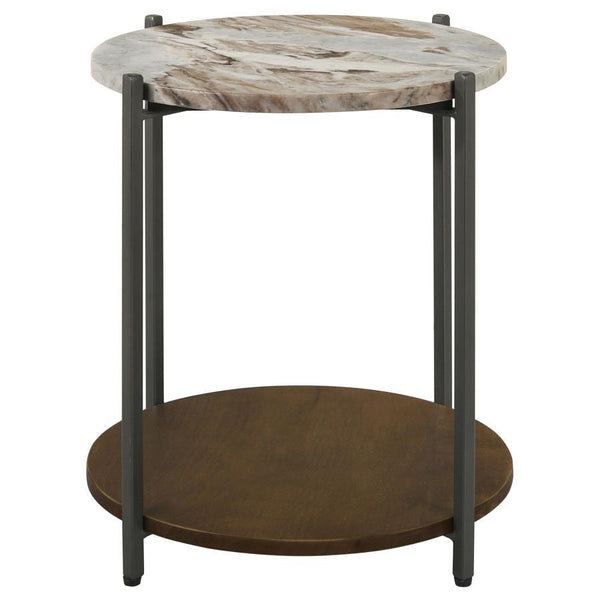 genuine brown marble top with elegant veining. The marble is cradled by a metal frame in a dark gunmetal finish. Below