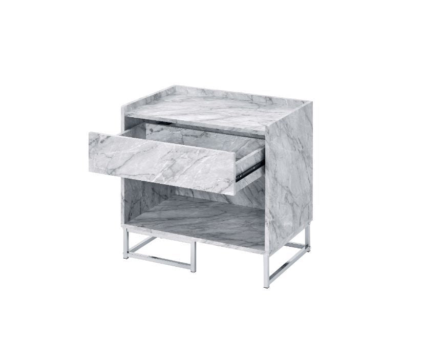 KD 1 Storage Drawer & 1 Open Storage Compartment Metal Base Side Metal Drawer Glide 1/2 Extension Drawer Glide Table Top Thickness: 0.59-"<br/><br/><b>Product Features</b><ul><li>Case: 1Pc/1Ctn</li><li>Finish: White Printed Faux Marble & Chrome Finish</li