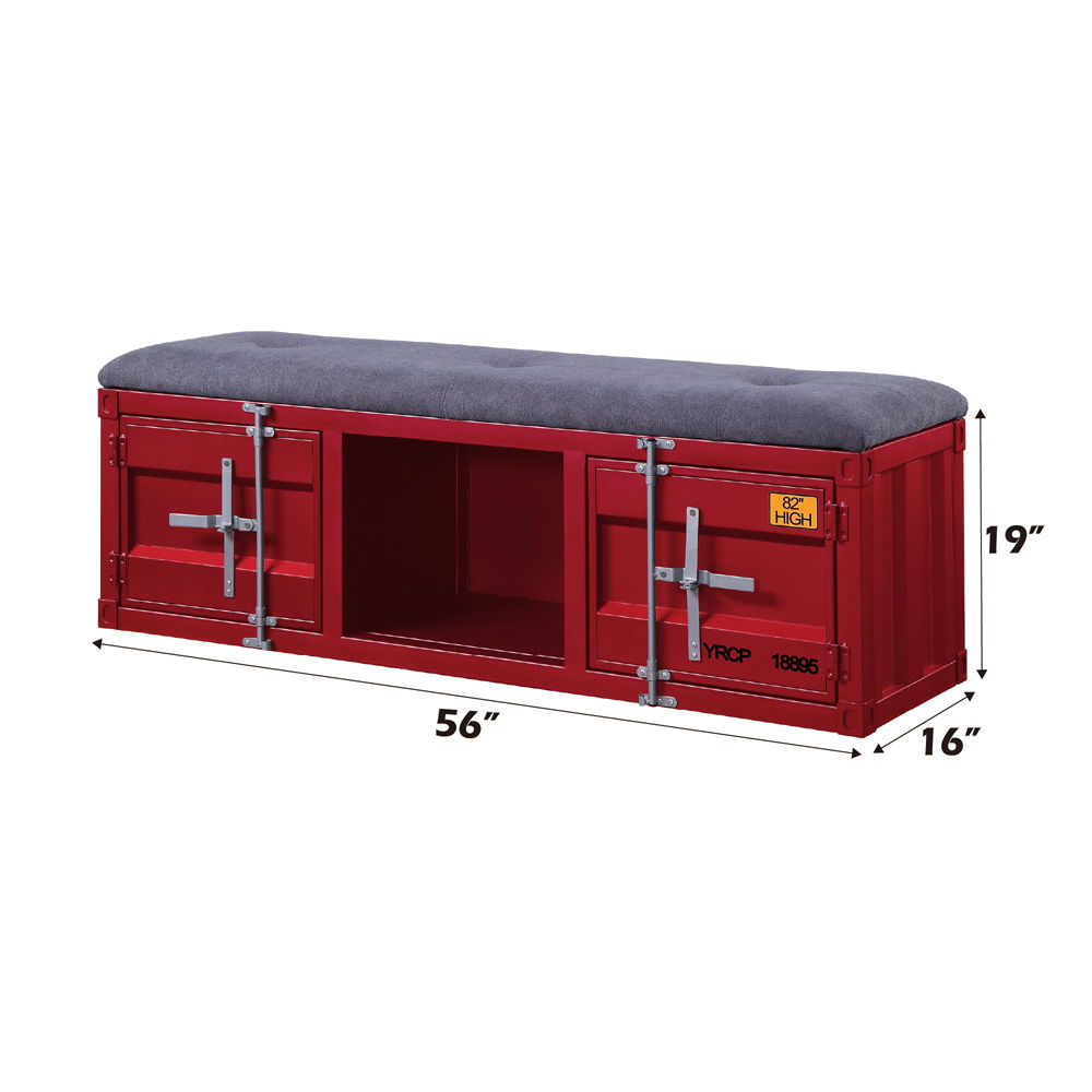 KD, Armless Bench (Backless) Storage: 2 Metal Doors (), 1 Open Compartment Stationary Seat Padded SEAT: Cushion (Solid Pattern) Features: Metal Frame, Recessed Panels (Cargo Container Panels), Full-Length Container Lock Backless (NO LEGS) Armless<br/><br/