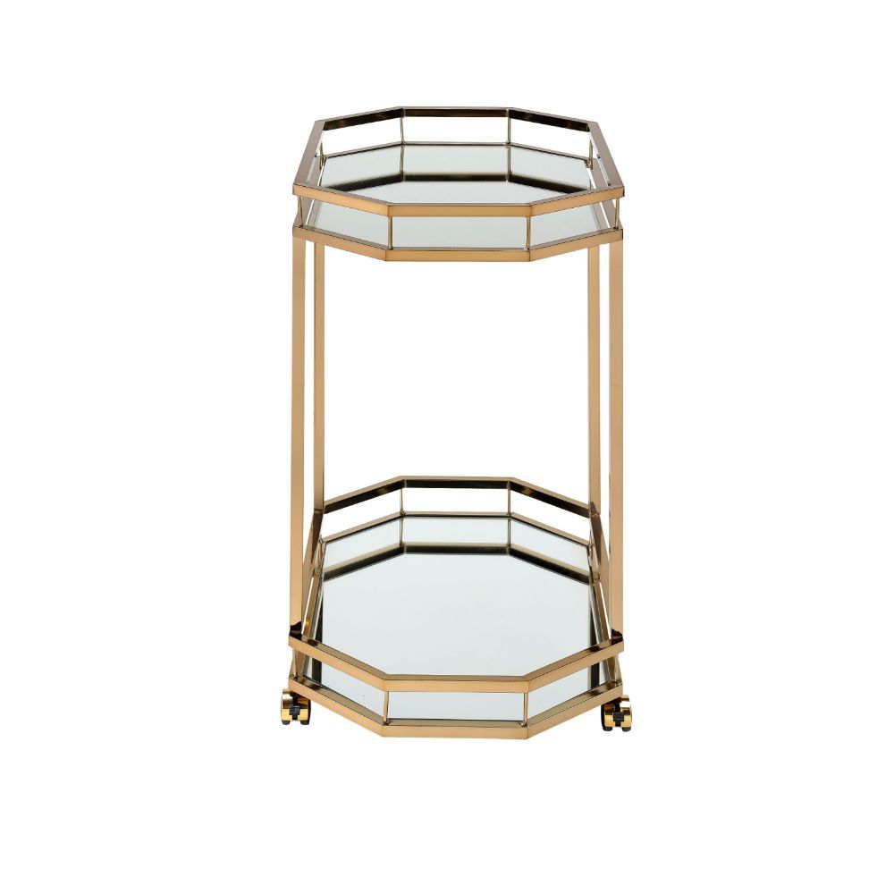 Show off your personality with the Lacole serving cart, featuring a metal frame finished in champagne and mirrored shelves for that glam appeal. The two 2.5 mm mirror shelves are the ideal place for placing your dishes and dining accessories. Roll it wher